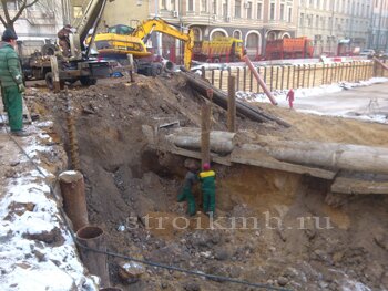 рытье котлована экскаватором и погрузка грунта в самосвал
